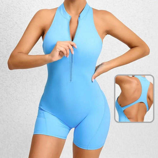 Yoga Shorts Jumpsuit with Zippered Tummy Control and Butt Lifting - Beauty Bouqe